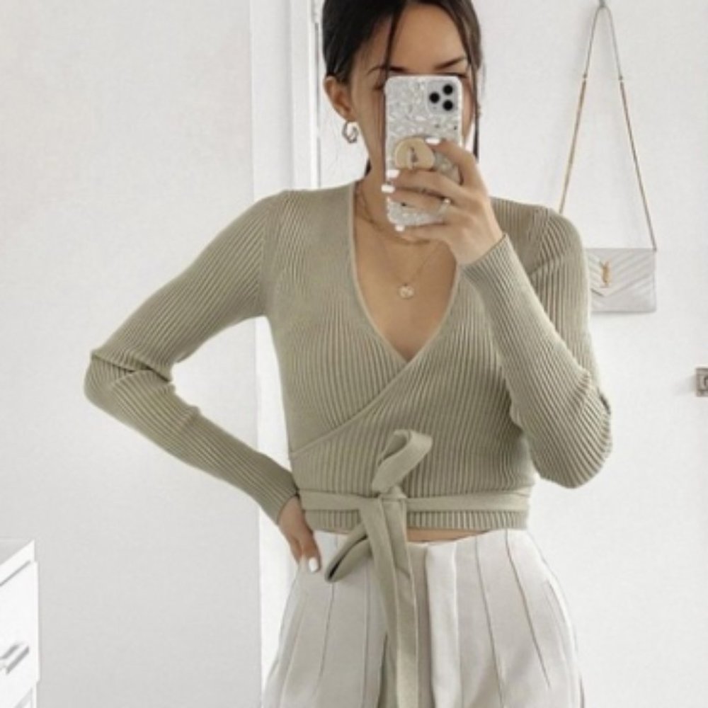 Zara Ribbed Taupe Tan Crop Wrap Tie Knit Sweater Long Sleeve Small
